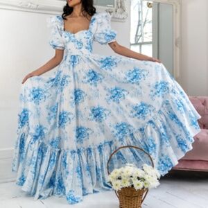 Fanciful Doll Floral Blue Maxi Dress